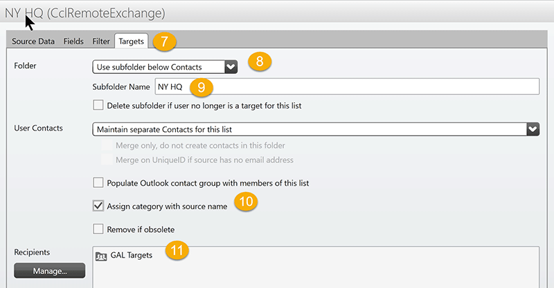 Setup the target contact folder in Outlook