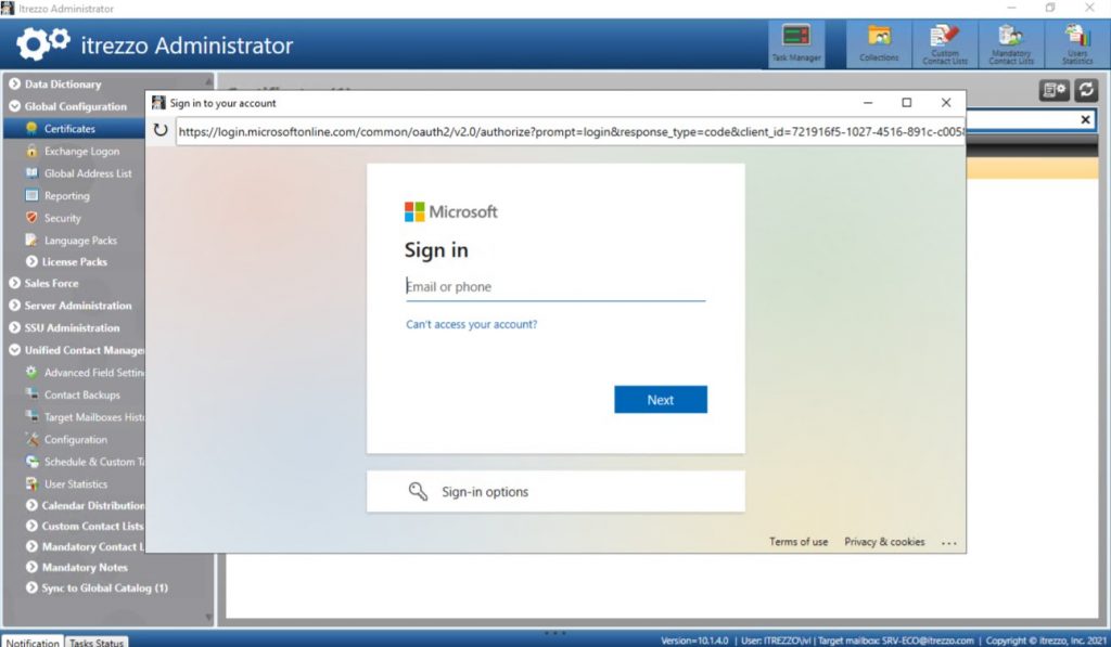 Entering your Global Administrator credentials